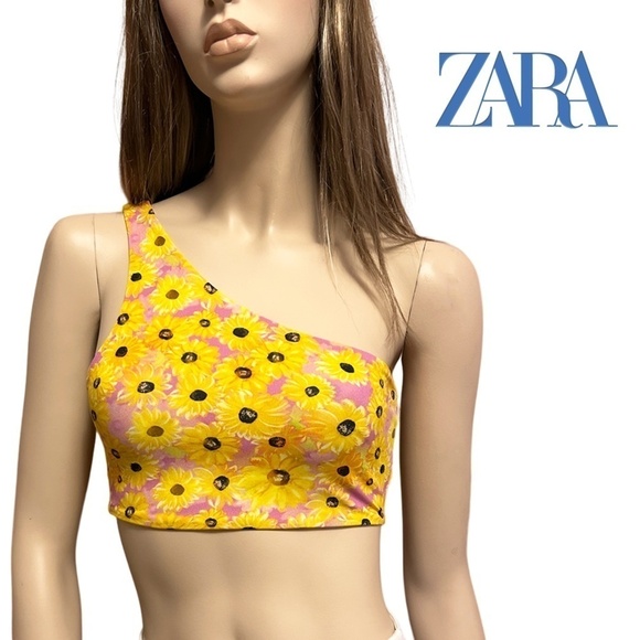 Zara One Shoulder Crop Top Tank Pullover Bralette Bandeau Sunflowers Floral - Picture 1 of 12